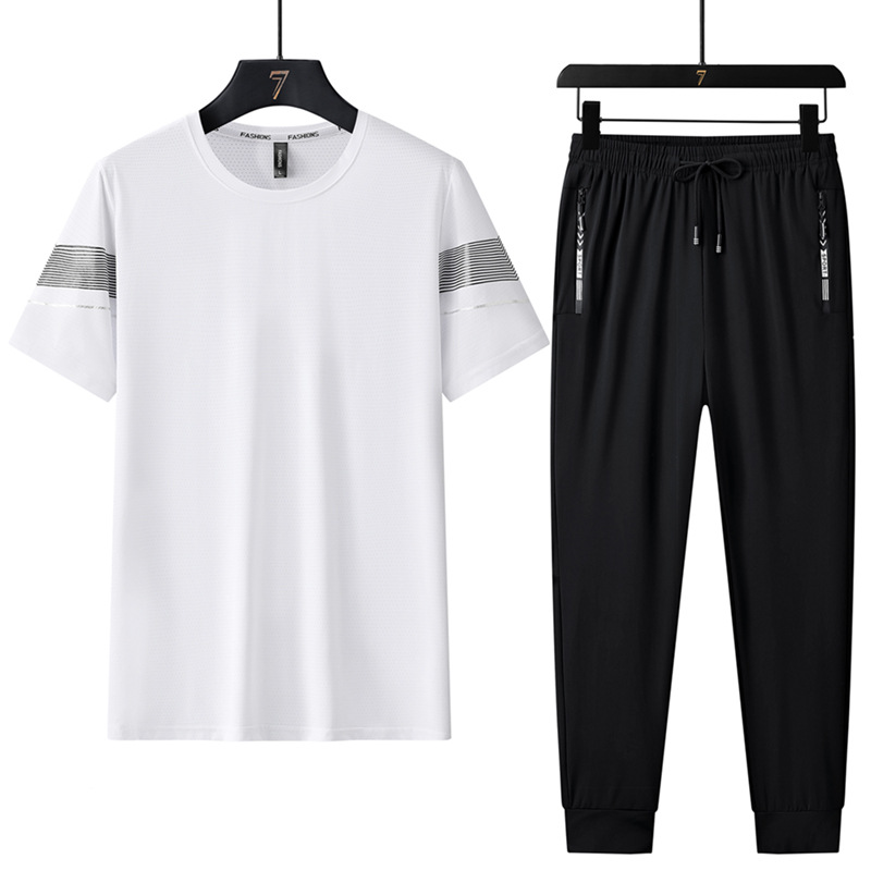 Trajes deportivos de seda de hielo de verano para hombres, mangas cortas, pantalones cortos, pantalones largos, carreras casuales, secado rápido, delgado, conjunto de tres piezas al por mayor