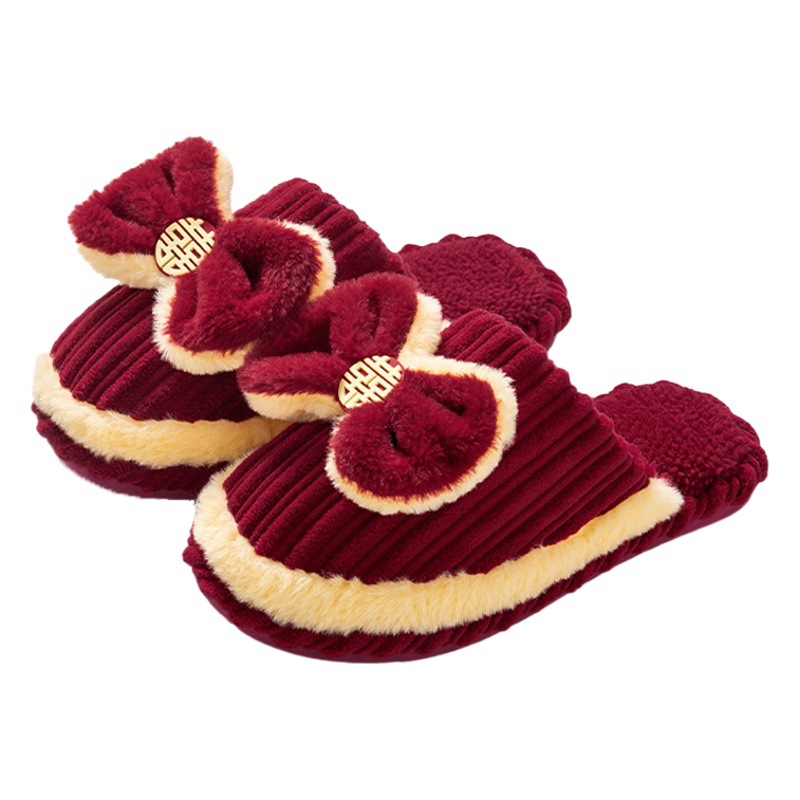Wedding Cotton Slippers Festive Red Pair Newlyweds Dowry Male and Female Couple Bride and Groom Wedding Warm Slippers Winter
