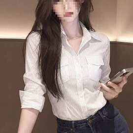 ins韩版感洋气简约显瘦百搭长袖polo领气质条纹衬衫上衣女潮