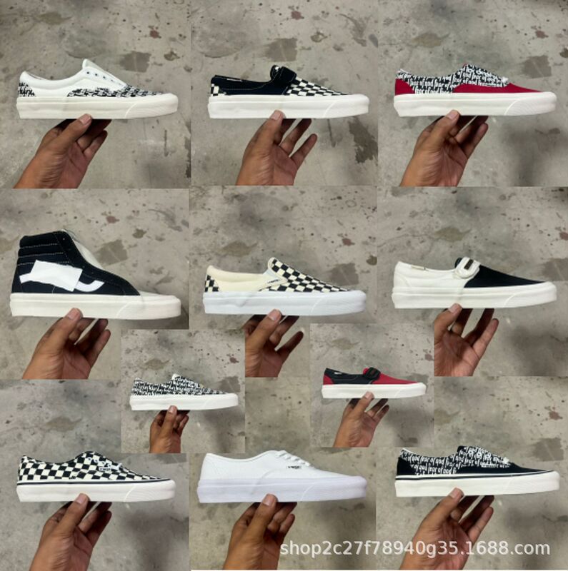 High street FOG checkered corduroy sneakers for men and women, slip-on canvas white shoes with Velcro closure