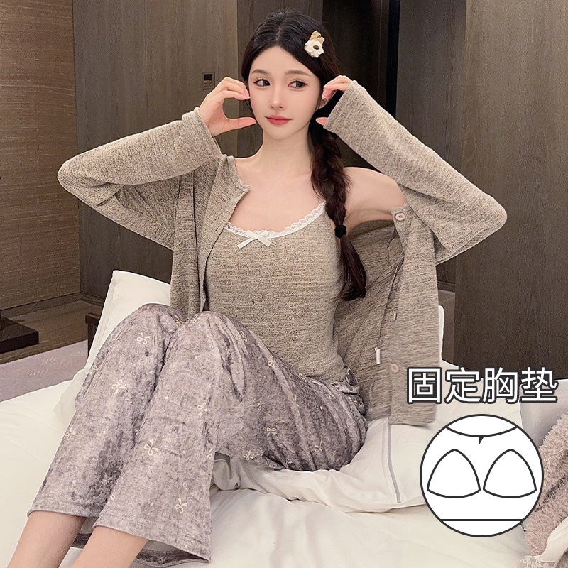 羊绒抓毛秋季睡衣女纯欲风ins风花边蝴蝶结三件套带胸垫女家居服|undefined