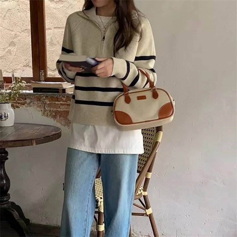 Half Zip Contrast Color Striped Sweater Women's Autumn and Winter Korean Style New Lapel Pullover Loose Lazy Style Sweater for Outer Wear Half Zip Contrast Color Striped Sweater Women's Autumn and Winter Korean Style New Lapel Pullover Loose Lazy Style Sweater for Outer Wear