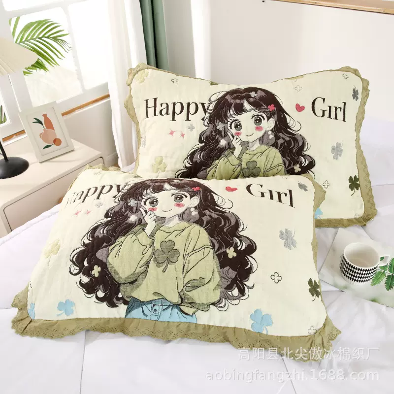 花边纯棉纱布枕巾一对装卡通家用柔软透气加厚全棉枕头巾全棉纱布