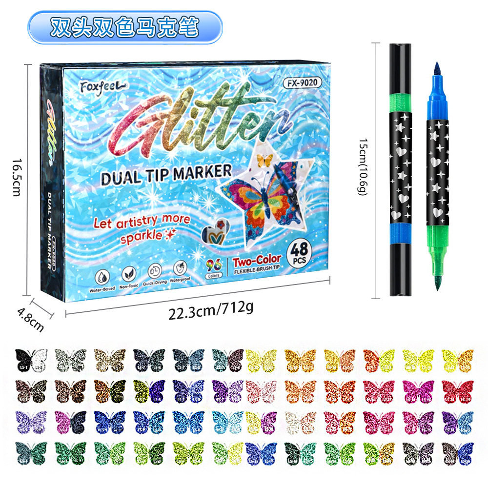 Ventas transfronterizas calientes de doble cabeza de doble color flash marcador de bolígrafo de bolígrafo blando para estudiantes de pintura graffiti bolígrafo DIY