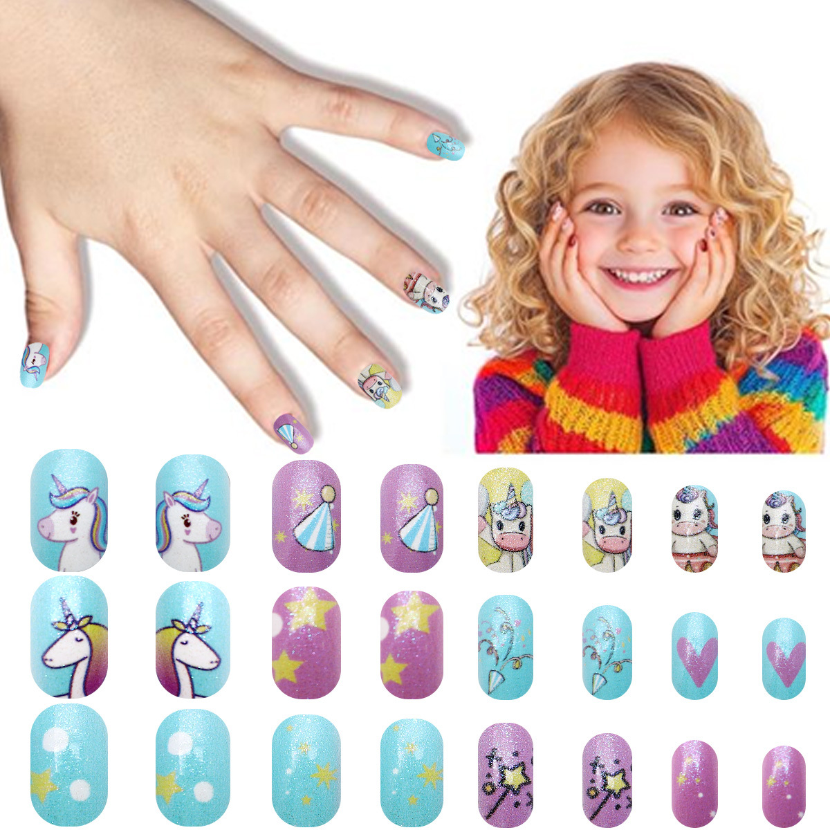 Juego de 24 piezas de uñas postizas para niños con diseño de dibujos animados, desmontables con adhesivo y exquisito diseño.