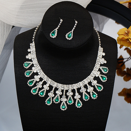Cross-border supply European and American best-selling bridal necklace set Fashionable high-end colorful crystal necklace and earrings two-piece set