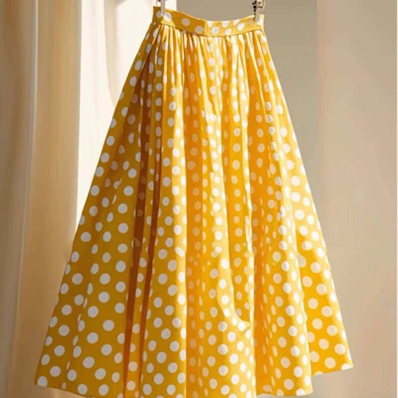 [in Stock] Trendy Dopamine Style Petite Long Skirt with High-End Feel, Super Stylish Yellow Polka Dot Skirt for Women
