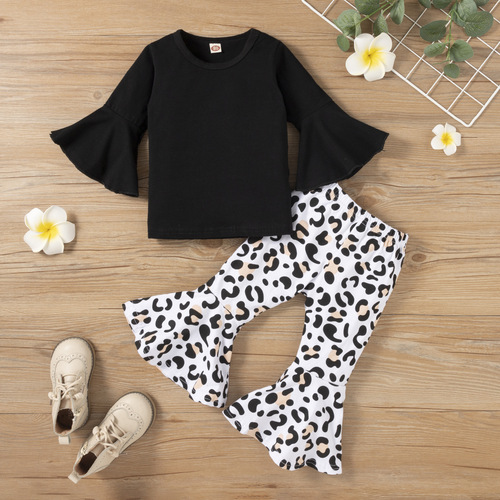 US/EU Cross-border Autumn New Girl's Ins Black Bell Sleeve Top + Leopard Print Pants Children's Two-Piece Set