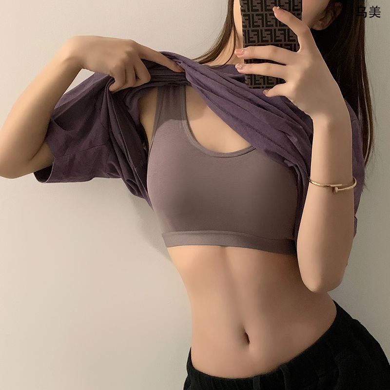 Pure Cotton Comfortable Fixed Cup with Chest Pad Sling Women's Summer Push-Up Beautiful Back-Wrapped Chest Non-Rim Sports Vest Bra