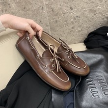 牛皮版~葡萄妈同款鞋英伦风做旧脏脏系带软底乐福鞋复古小皮鞋女