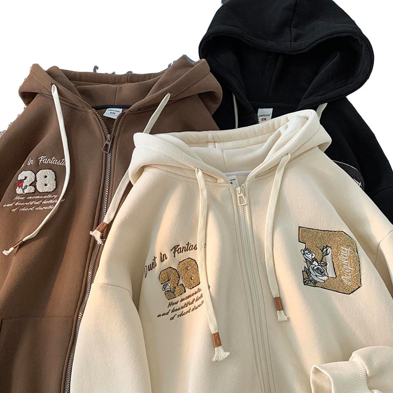 Albaricoque letras toalla bordado cardigan suéter hombres con capucha primavera y otoño americano retro moda abrigo pareja top