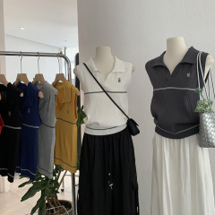 Omalai ラペルノースリーブベスト女性のポニー刺繍スリムフィット多用途アイスシルクセータートップ 3846