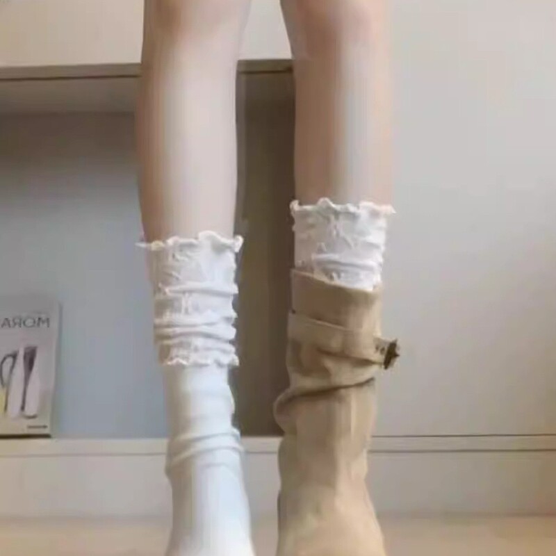 Socks Paired with Short Boots, Lace-Trimmed Patchwork Slouch Socks, Long Calf Push-Up Socks, Boot Socks, Leg Warmers