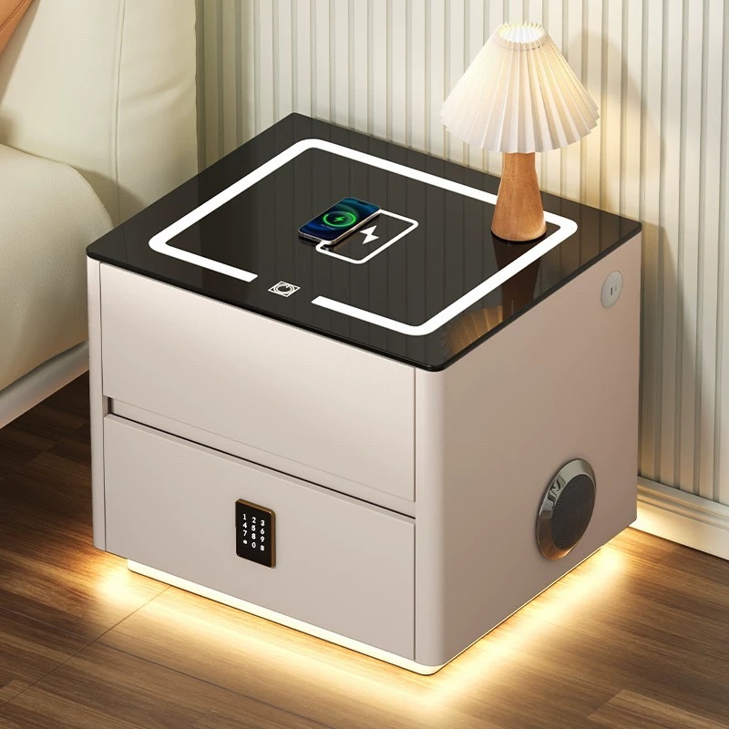 智能床头柜落地无线充电多功能指纹锁实木简约现代轻奢床边柜子
