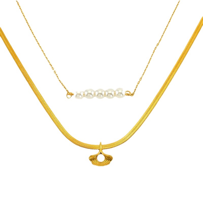 2023 nueva moda nicho collar simple doble capa apilada ginkgo hoja perla diseño sentido joyería collar al por mayor