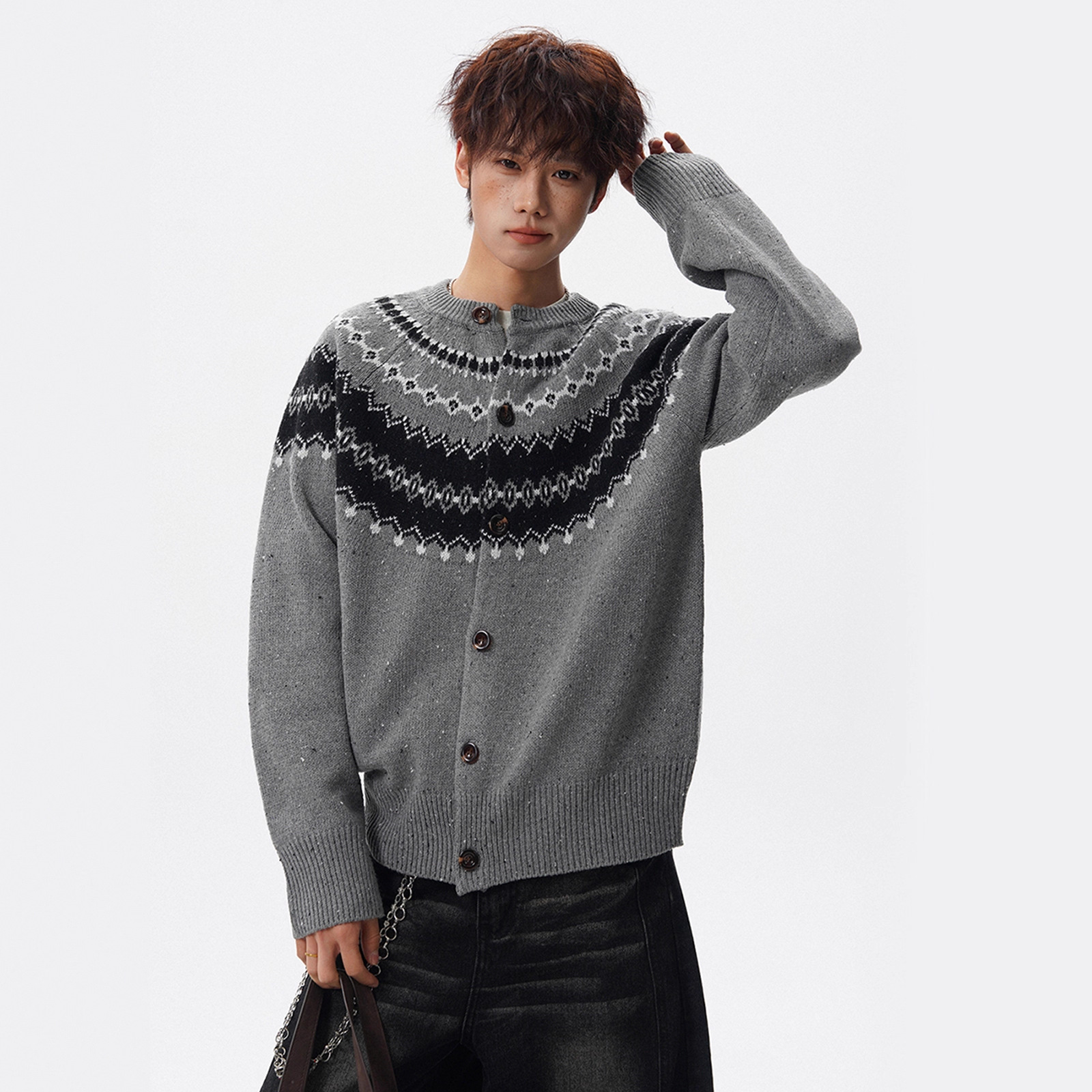 High-End Fair Isle Cardigan Knitwear Men's Autumn and Winter Lazy and Relaxed Knitwear American Casual Jacquard Jacket