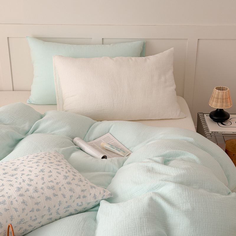 New Candy-Colored Printed Cotton Double-Layer Crinkled Gauze Four-Piece Set, Class a Maternal and Infant Grade Student Three-Piece Quilt Cover Set