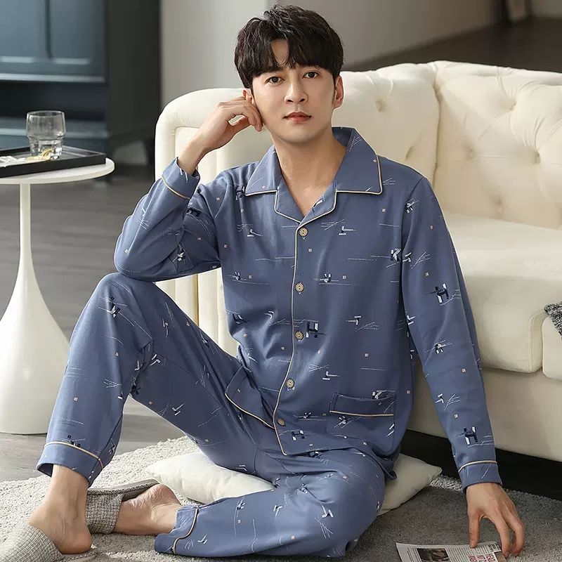 Pijamas de hombre primavera y otoño 100% algodón de manga larga cardigan traje casual suelto más tamaño verano desgaste en el hogar cuatro estaciones