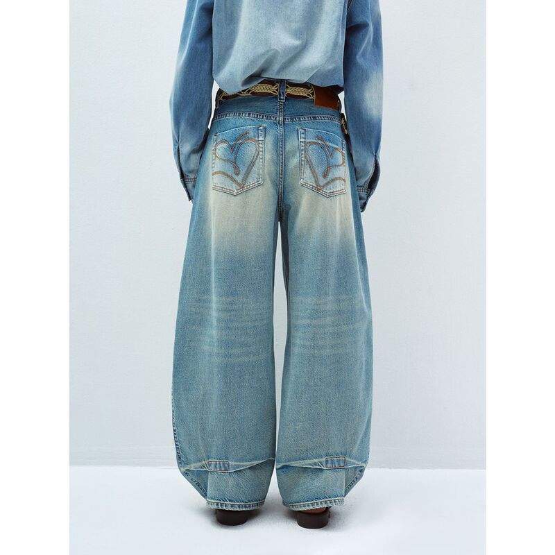 【识时黑标】New Product with Embroidered Back Pocket and Folded Hem Design, Loose-Fitting Banana Pants Jeans for Women V60046