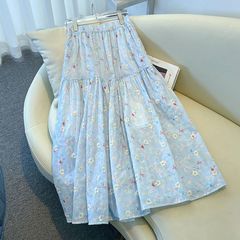 優しい夏の気質ブルー花柄スカートハイウエスト2025春夏新作ケーキゆったり痩身ロングスカート