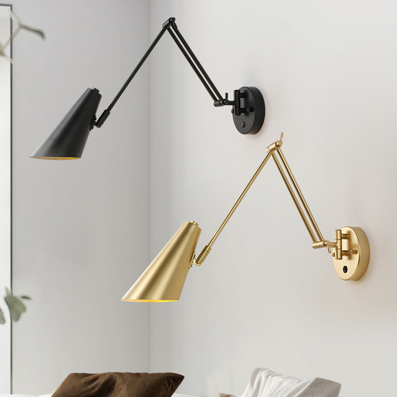 Bedroom bedside wall lamp reading eye protection study Nordic with switch rotary telescopic folding retro long rocker lamp Bedroom bedside wall lamp reading eye protection study Nordic with switch rotary telescopic folding retro long rocker lamp
