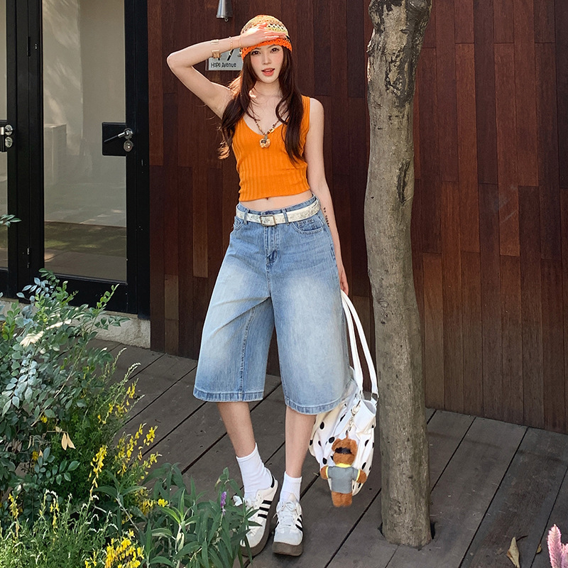 【Jin Yin】American Retro Loose Wide-Leg Pants High-Waisted Versatile Textured Mid-Length Jeans for Women Spring and Summer 【Jin Yin】American Retro Loose Wide-Leg Pants High-Waisted Versatile Textured Mid-Length Jeans for Women Spring and Summer