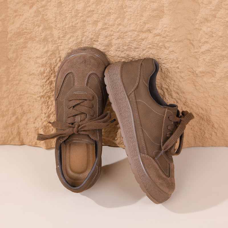 Damen Skaterschuhe Aus Echtleder Retro Braune Flache Sneakers_voghion.com