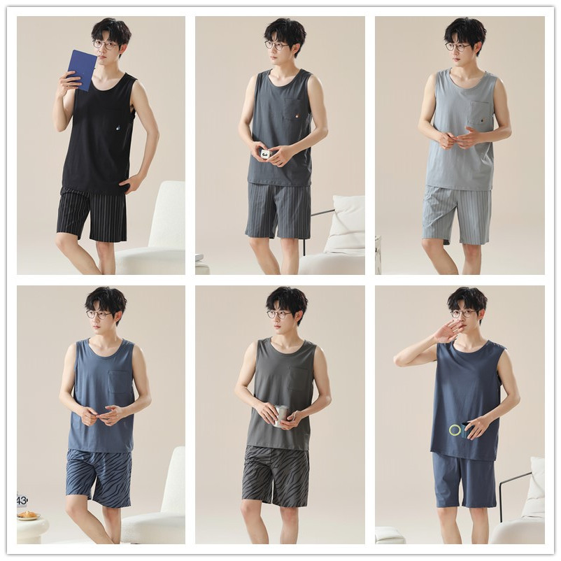 2024 verano de punto pijama de algodón chaleco de hombre pantalones cortos sin mangas delgados casero simple conjunto de ropa de casa al por mayor