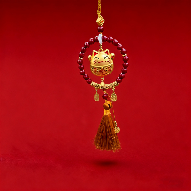 Cinnabar Car Hanging Amulet for Good Luck and Safety, New Year Red Gold-Eating Beast Lucky Cat Car Hanging Ornament Wholesale