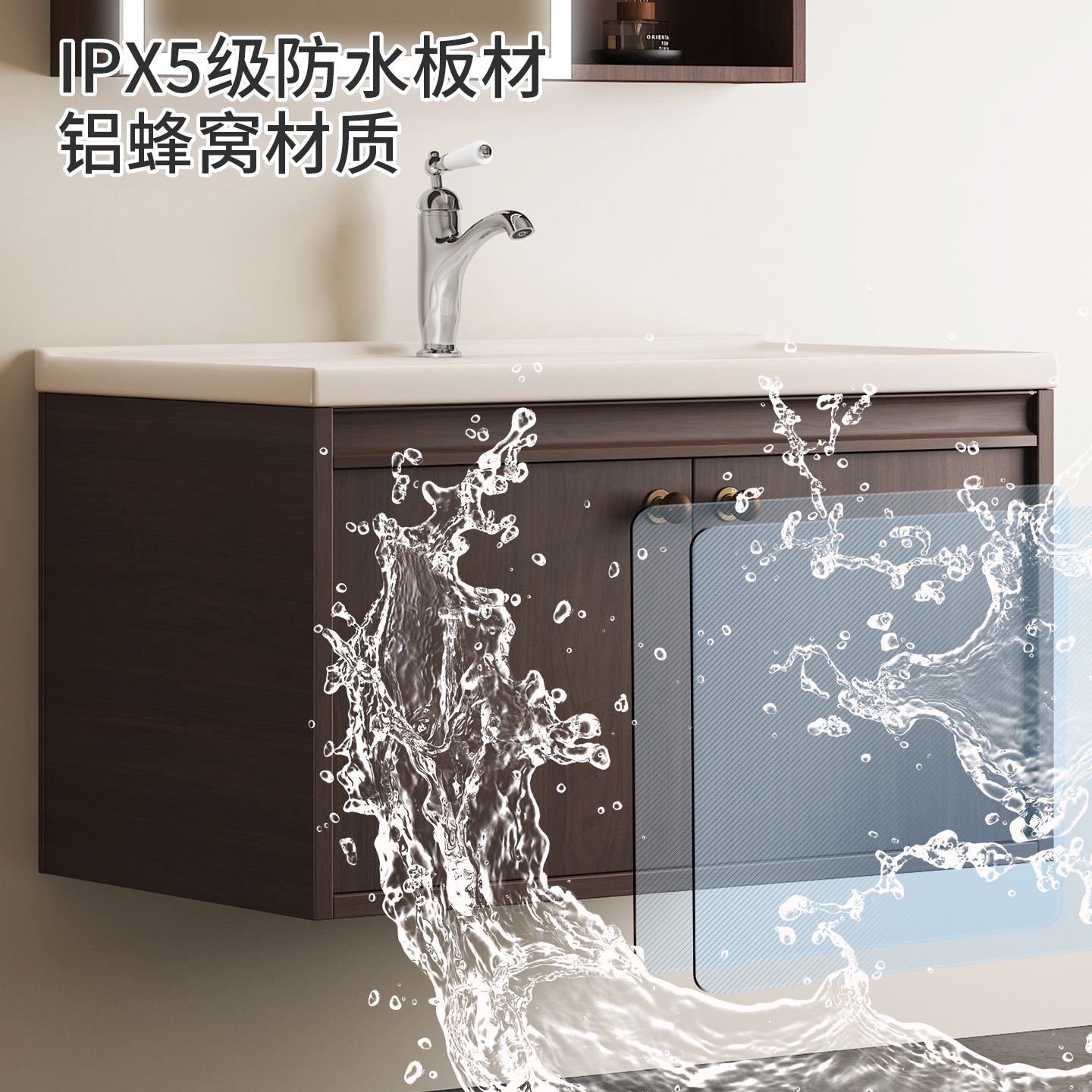 A prueba de humedad panal de abeja gabinete de baño color nuez estilo medieval lavabo de cerámica caqui en una bañera lavabo lavabo
