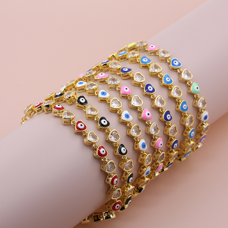 Love-Shaped Devil's Eye Zircon Bracelet Micro-Inlaid Zircon 18K Electroplated Oil Dripping Eye Bracelet Fashionable Charm Love-Shaped Devil's Eye Zircon Bracelet Micro-Inlaid Zircon 18K Electroplated Oil Dripping Eye Bracelet Fashionable Charm