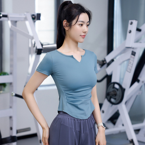 Women's Yoga Small V-Neck Short Sleeve T-Shirt with High Waist Pleated Tight Compression Running Training Breathable Fitness Top for Plus Size