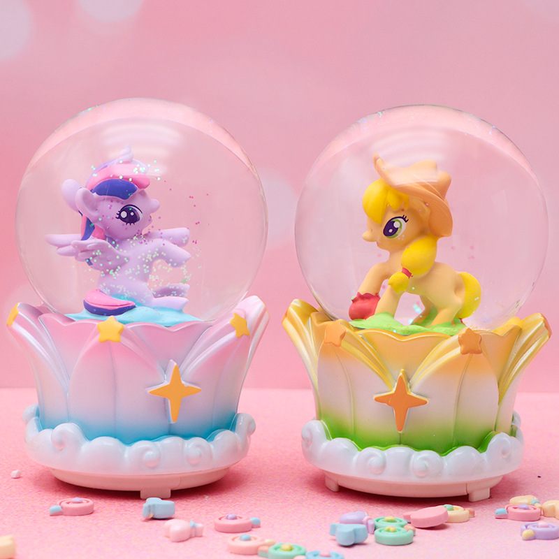 Rainbow Pony bola de cristal caja de música para regalar princesa niña regalo de cumpleaños nieve brillante decoración de escritorio pequeño adorno
