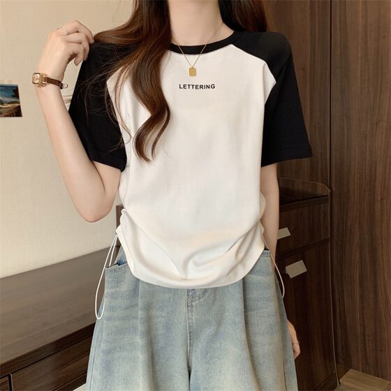 American Style Retro Rulose Short-sleeved T-shirt Women's Summer New Design Sense Niche Drawstring Slimming Pure Cotton T-shirt Top