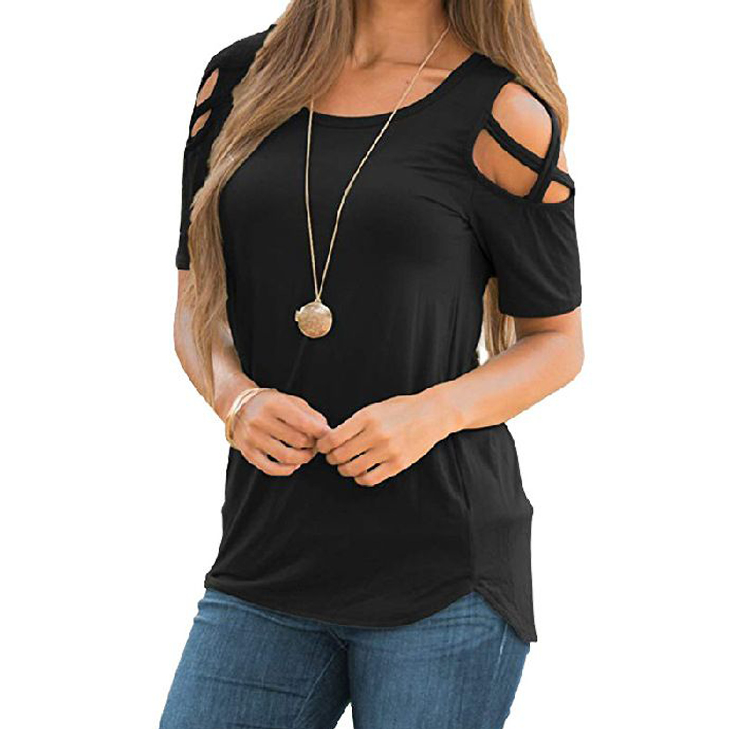 亚马逊wish跨境新款露肩短袖圆领体恤女时尚休闲宽松欧美女装上衣