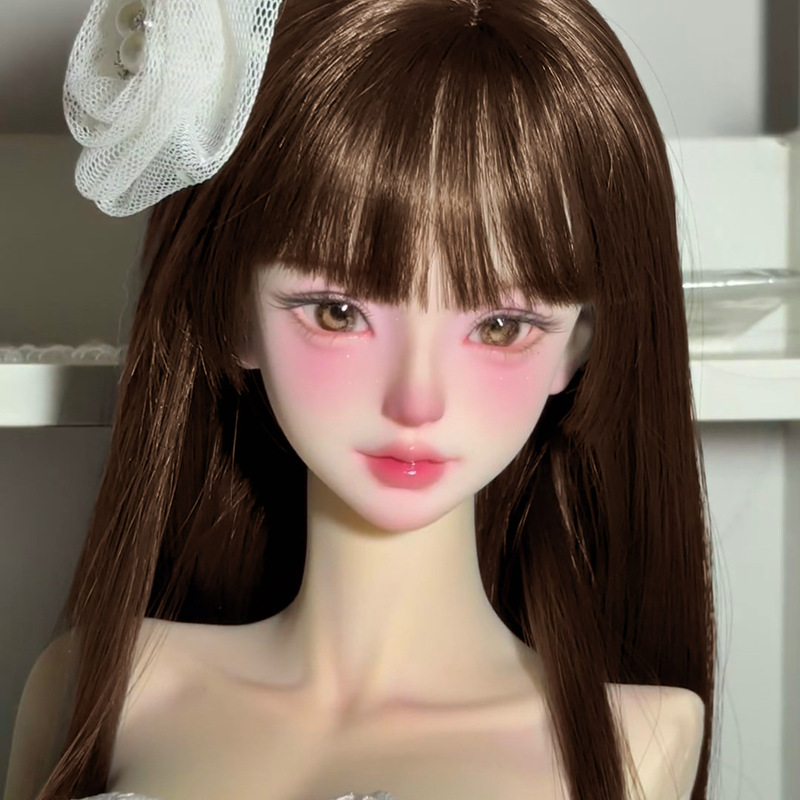 Bjd neat bangs dark brown long straight hair high temperature silk cute high color value wig 3/4/6 accessories wig