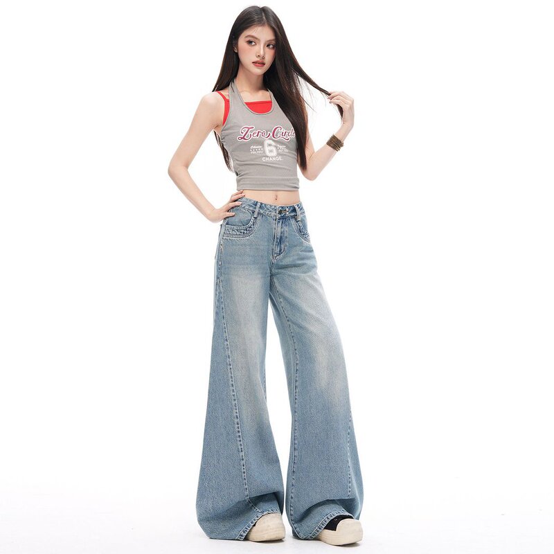 American Retro｜Deconstructed Design｜Loose Flared Wide-Leg Jeans for Women in Vintage Blue