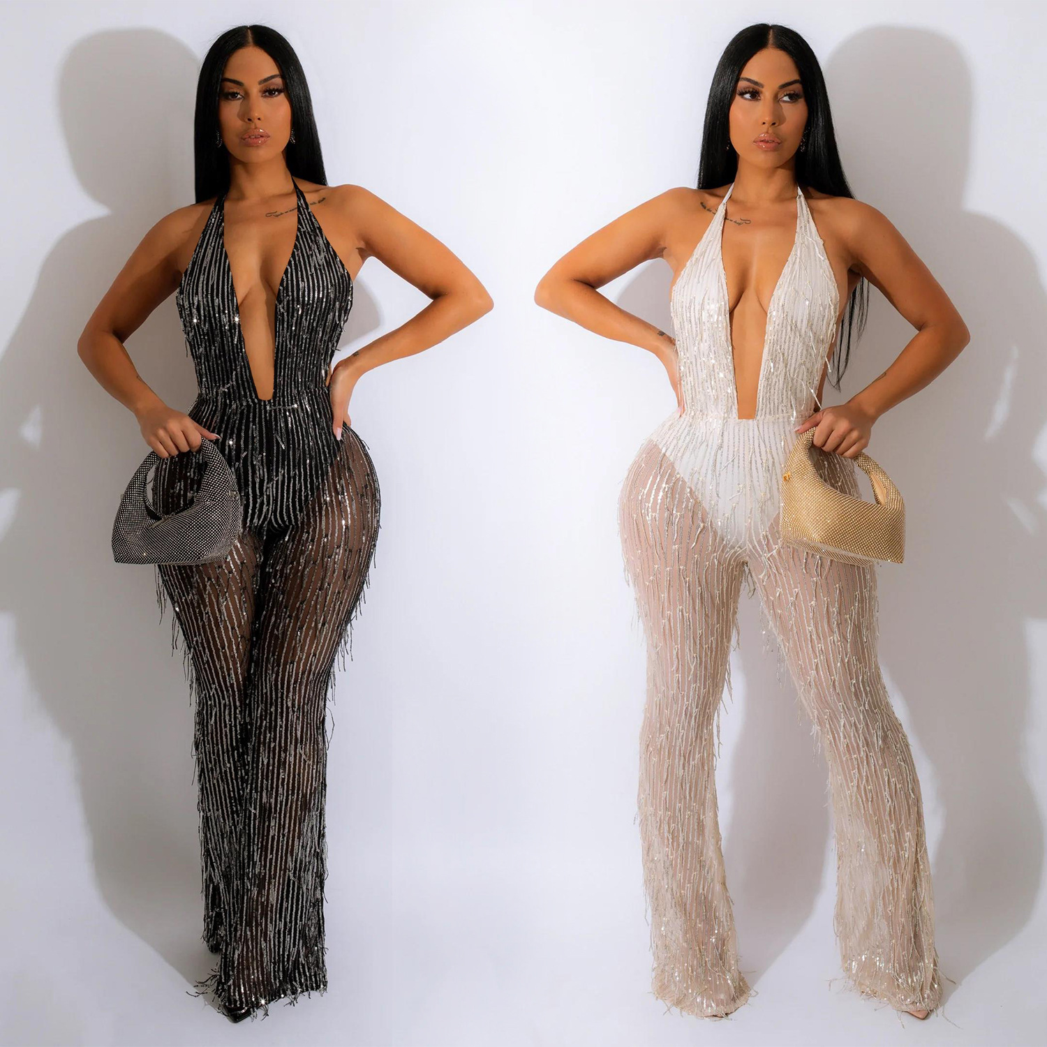 C6086 AliExpress Amazon moda europea y americana de lentejuelas borla malla transparente pantalones sin mangas mono
