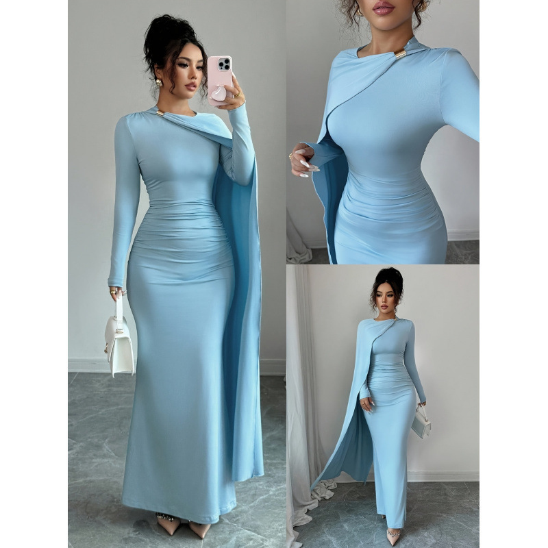 Women's New Autumn and Winter Elegant Sky Blue Versatile Waist-Wrapped Pleated Knitted Long-Sleeved Party Dress