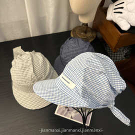 格子后绑带头巾帽子女春夏新韩版减龄网红ins字母贴布弯檐遮阳帽
