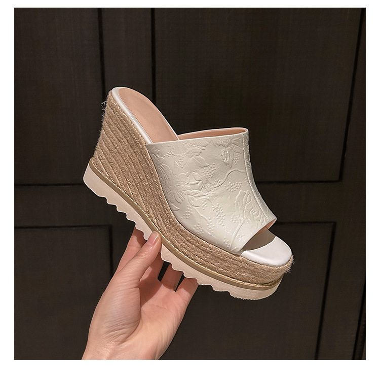 Sandal cao gót nữ mũi hở đế xuồng đan rơm phong cách La Mã — màu be, bạc chi tiết 18