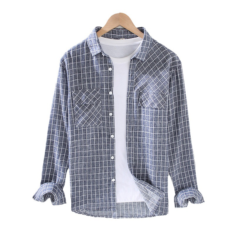 Frühling/Sommer Neues Top Herren Kariertes Langarmhemd mit Polokragen Loses Freizeit-Arbeitstaschenhemd_voghion.com