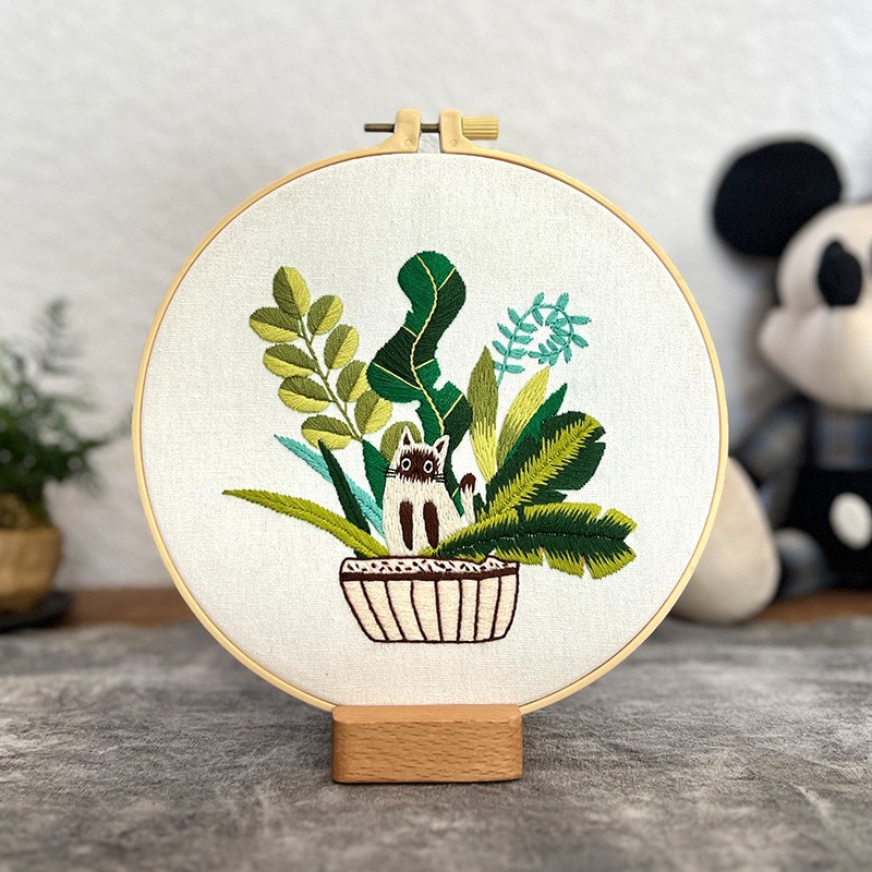 Flor gato traje colgante pintura Lu bordado dibujos animados animal inglés novato bolsa bordado DIY material bolsa salón colgante hecho a mano