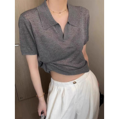 夏グレーポロカラーニット半袖Tシャツレディースフレンチハイエンド気質ショートショルダーVネックトップ