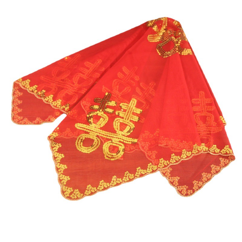 Venta al por mayor nudo boda suministros nupcial accesorios personalizados cubierta roja bufanda lentejuelas doble felicidad cubierta roja