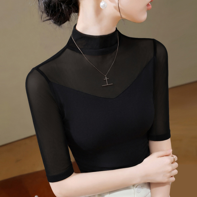 Black mid-sleeve women's t-shirt, 2026 new spring and autumn style, half-high collar, slim fit, lightweight, three-quarter sleeve, high-end mesh top Black mid-sleeve women's t-shirt, 2026 new spring and autumn style, half-high collar, slim fit, lightweight, three-quarter sleeve, high-end mesh top