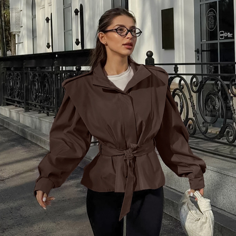 Wholesale Women's Fashion Loose Jacket Autumn and Winter Stand Collar Design Niche Style Waist-Tie Trench Coat Mid-Length
