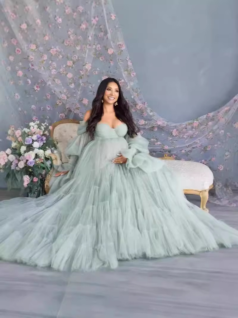 Nuevo cross-border caliente de tela de malla suave para fotos de mujeres embarazadas, vestido de mangas largas, falda de abdomen grande