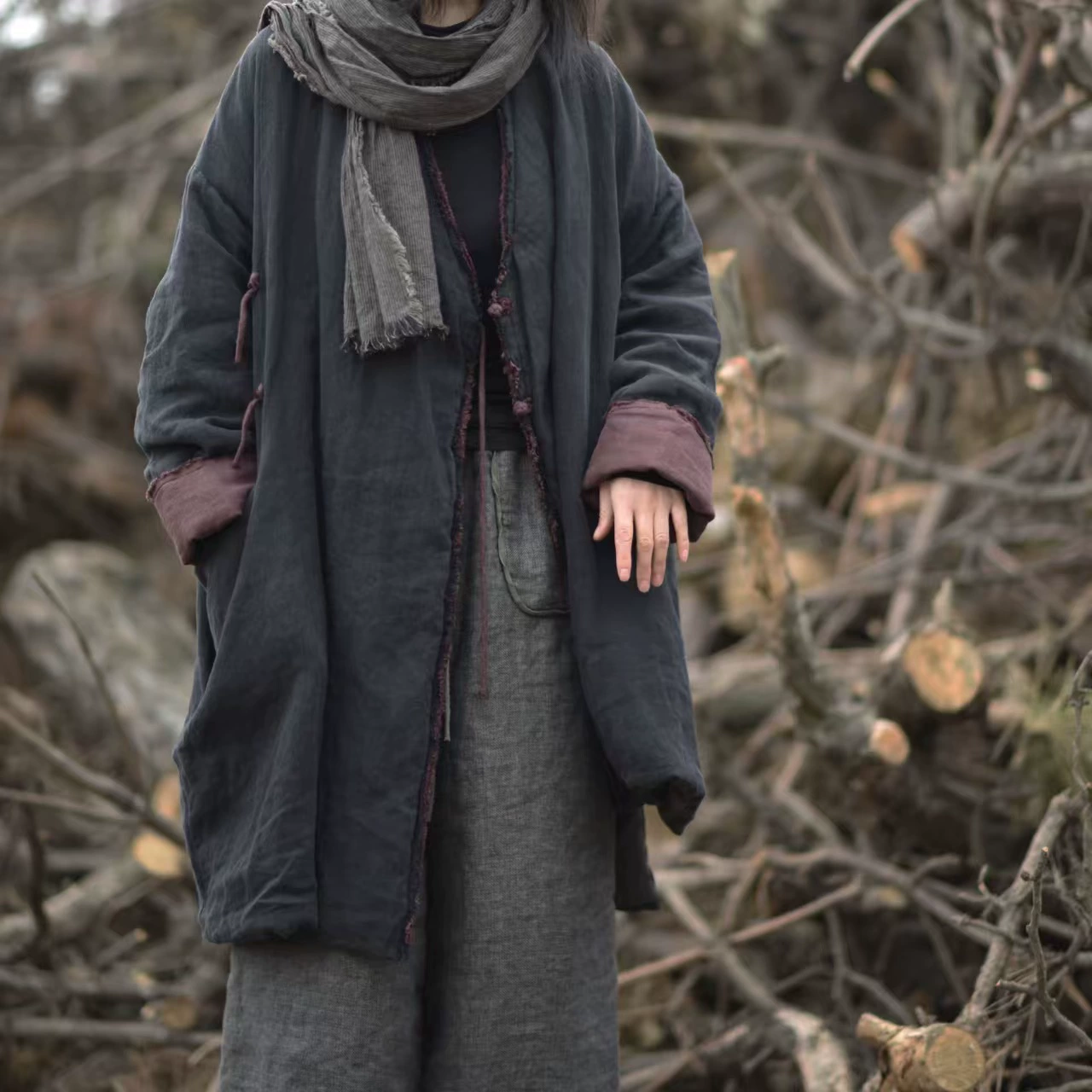 21/11 Глубокий осенний и зимний литературный винтажный цвет льна, сшитый нерегулярный хлопковый кардиган