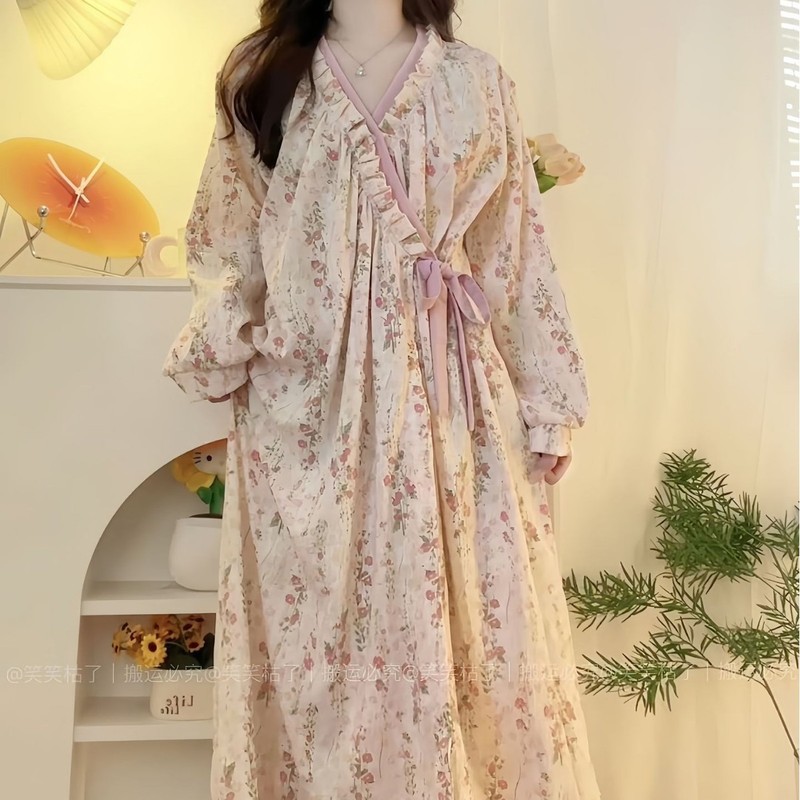 新款睡衣春秋款女休闲宽松时尚甜美长袖睡袍裙家居服可外穿|undefined